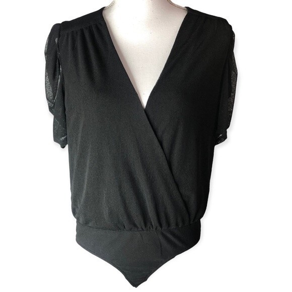 Ember Black Sheer Wrap Front Cap Sleeve Bodysuit - Picture 1 of 7